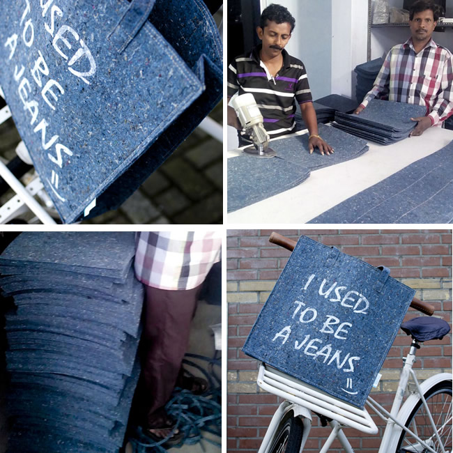 Gebruikte Jeans worden vermalen tot een nieuw stevig materiaal waarmee een schoudertas wordt gemaakt in India